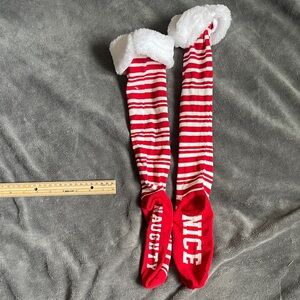 Striped Holiday -Knee Socks with Faux Fur Cuff - Red & White
